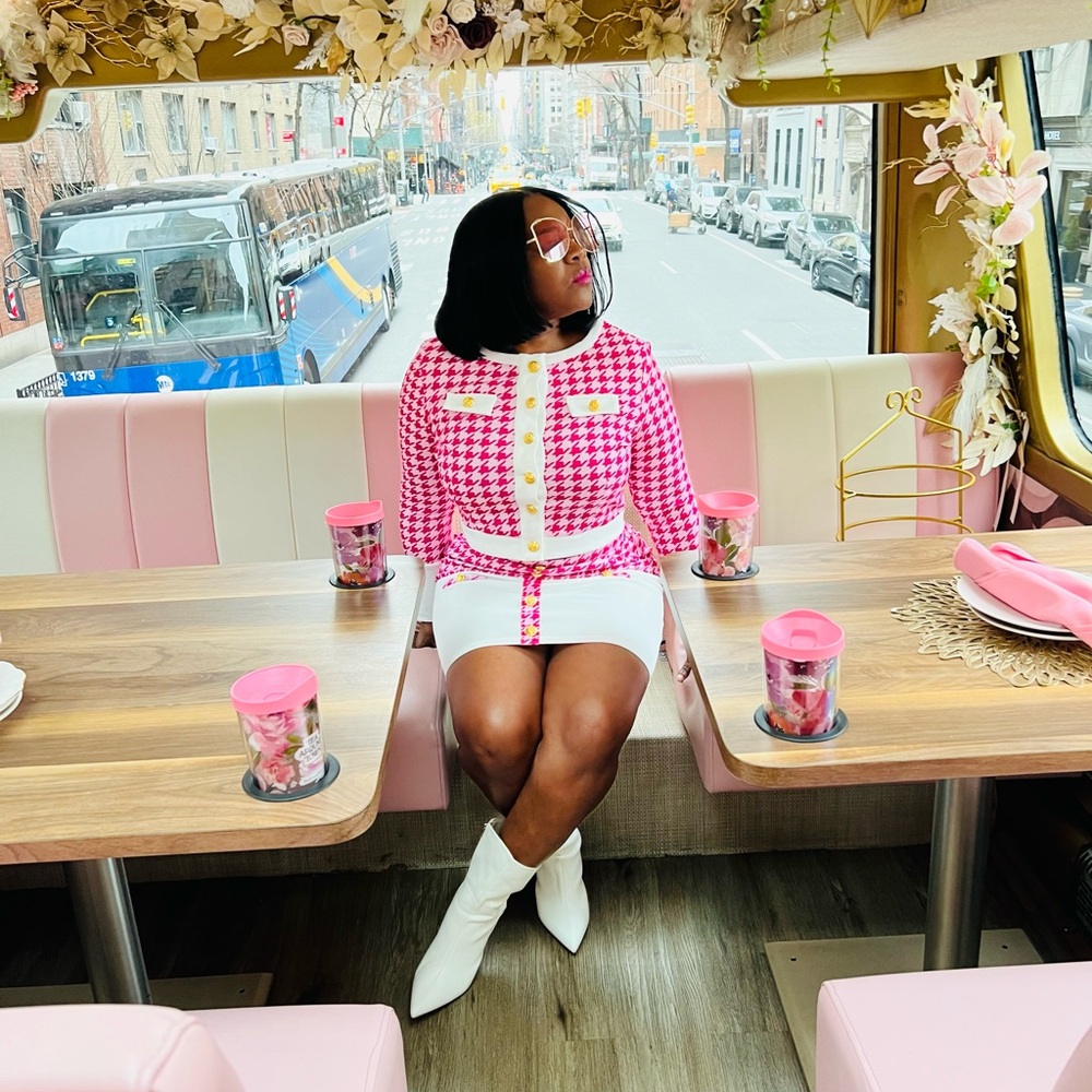 Pink, white and gold button houndstooth skirt set